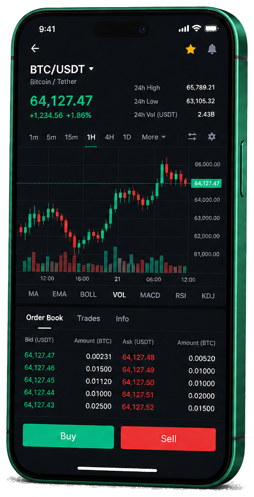 Interface mobile de trading Aurora Capital — cotations BTC/USDT en temps réel, carnet d’ordres et outils de suivi des opérations